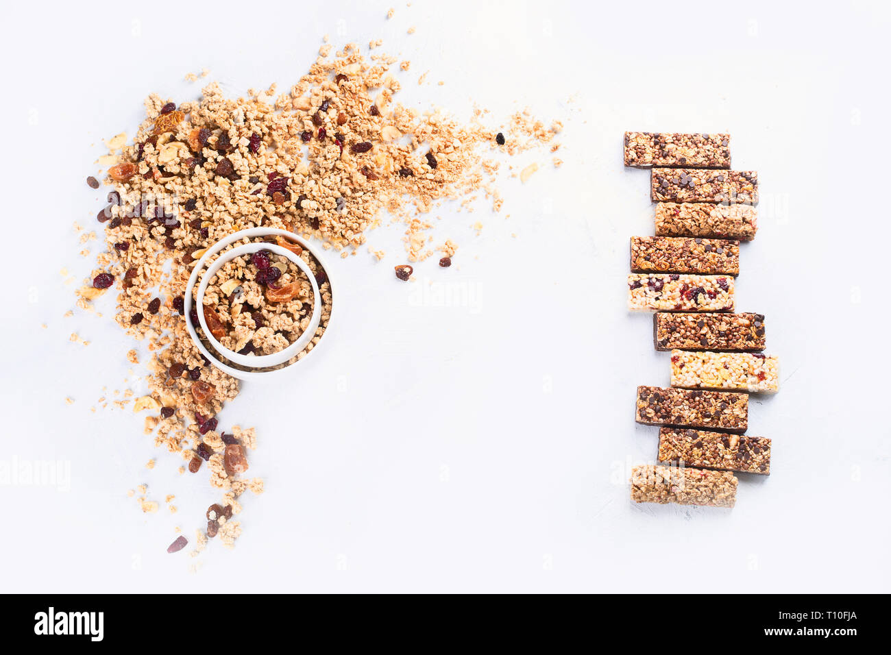 Crunchy granola, muesli. Healthy dessert snack. Top view with copy