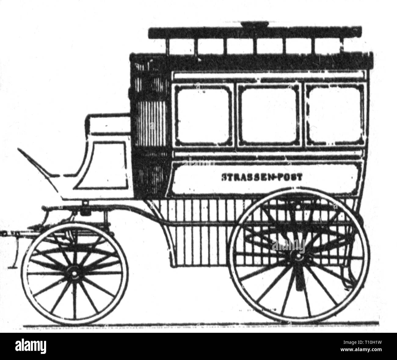 mail, mail coach, street mail coach of the Imperial German mail in Berlin, exterior view, drawing, 1892, Artist's Copyright has not to be cleared Stock Photo