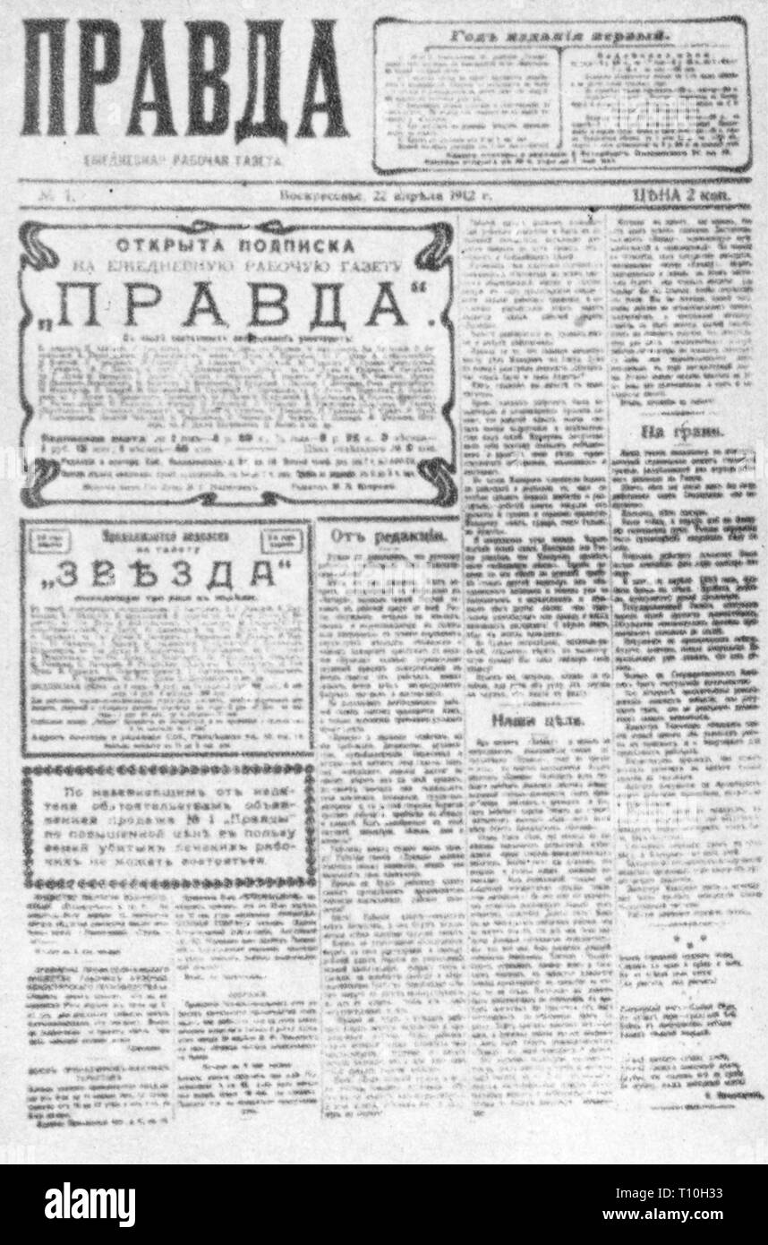 press / media, magazines, 'Pravda' (Truth), editor: Vyacheslav Molotov, title page, first edition, Saint Petersburg, 5.5.1912, Additional-Rights-Clearance-Info-Not-Available Stock Photo