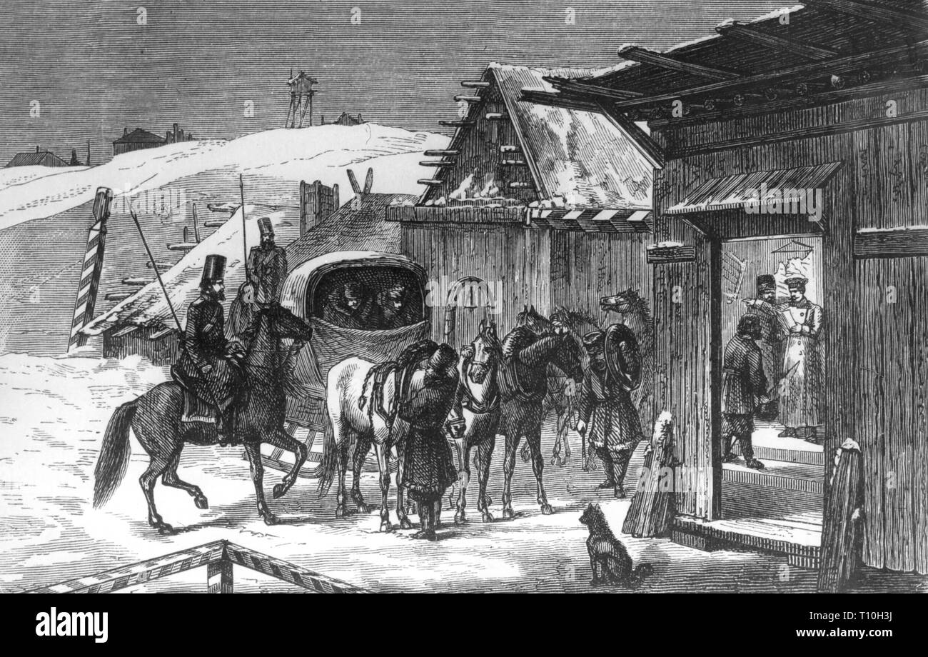 mail, post stations, coaching inn in Achinsk, Siberia, wood engraving, later 19th century, post station, posting house, sleigh, troika, troikas, winter, snow, people, travelling, traveling, travel, journeying, traveler, traveller, travelers, travellers, journey, military, Cossacks, horse, horses, animals, animal, Imperial mail, Russia, empire, empires, Russian Empire, czardom, tsardom, Asia, historic, historical, Artist's Copyright has not to be cleared Stock Photo