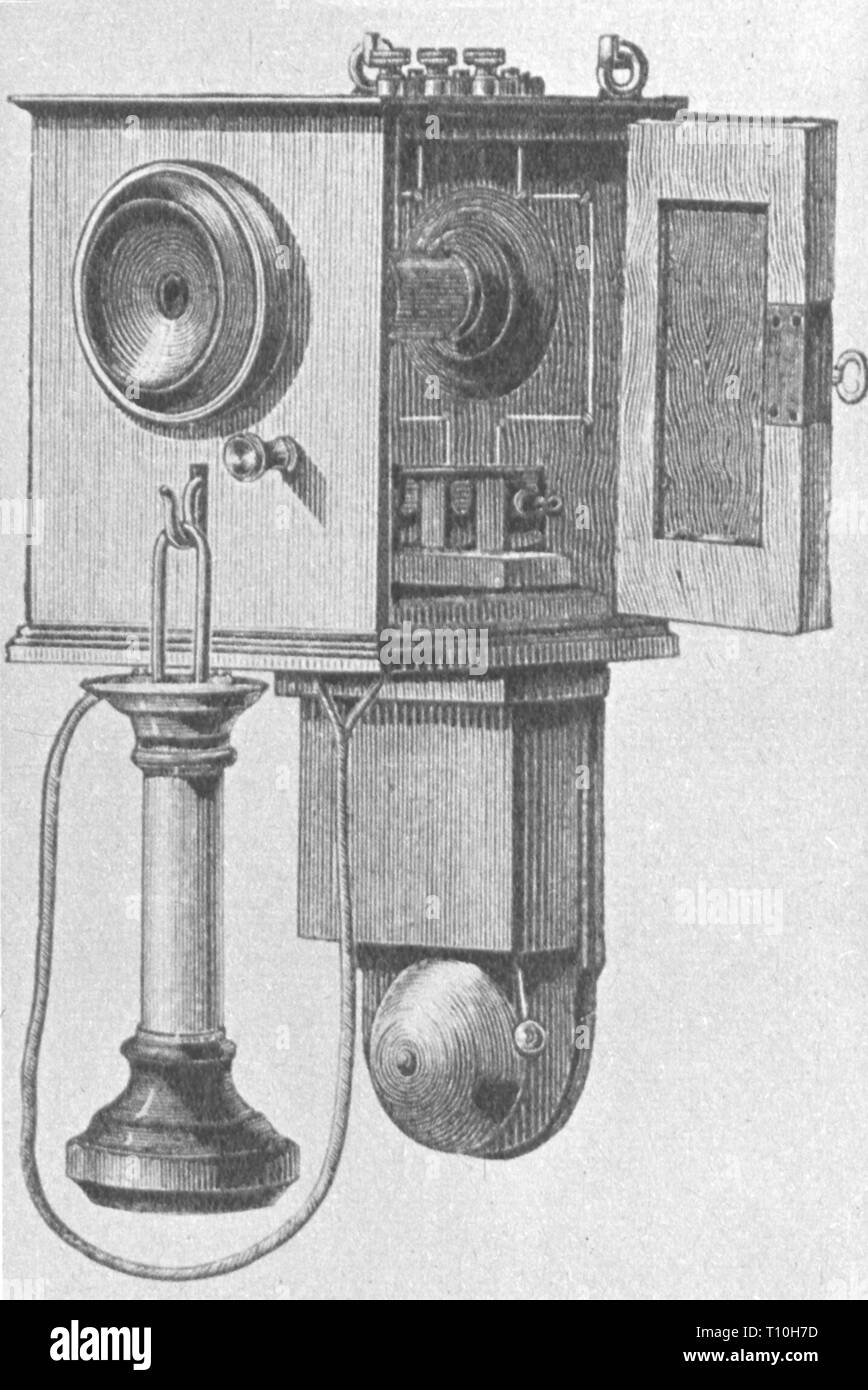 mail, telephone, standard telephone of the German Reichspost (Reich Mail), wood engraving, circa 1895, Artist's Copyright has not to be cleared Stock Photo