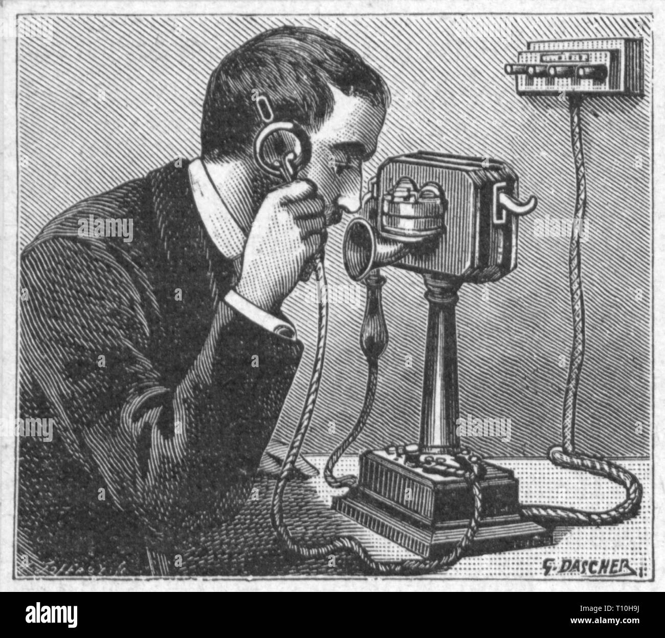 mail, telephone, phoning man, wood engraving after drawing by Georges Adolphe Dascher, early 20th century, telephone set, telephone sets, telecom, transfer of information, communication, communications, technics, telecommunication, telecommunications, ring, buzz, rings, telephone call, phone call, telephone conversation, telephone calls, phone calls, telephone conversations, outgoing call, incoming call, phoning, calling, call, people, France, 1900s, mail, post, telephone, phone, telephones, phones, man, men, historic, historical, Artist's Copyright has not to be cleared Stock Photo