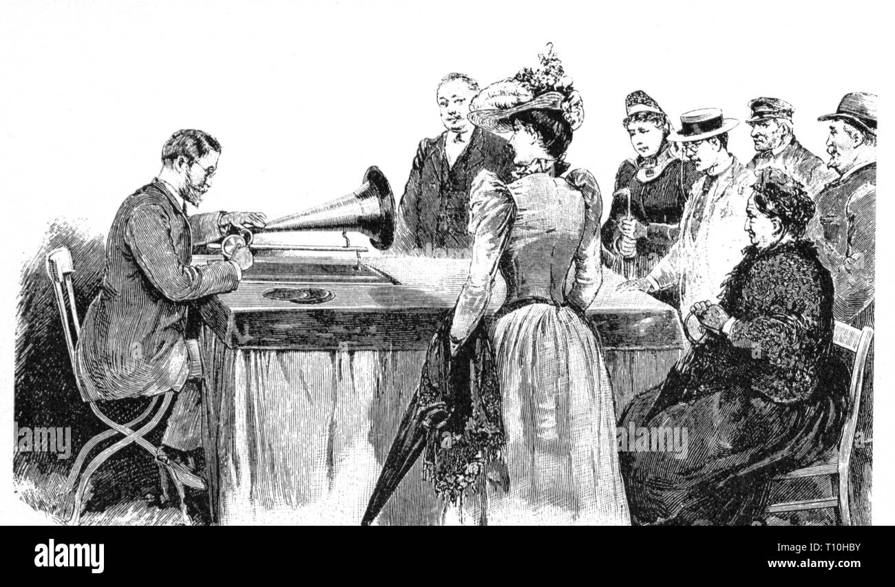 technics, audio engineering, gramophone with manual operation, International Electrotechnical Exhibition, Frankfurt am Main, 16.5. - 19.10.1891, Artist's Copyright has not to be cleared Stock Photo