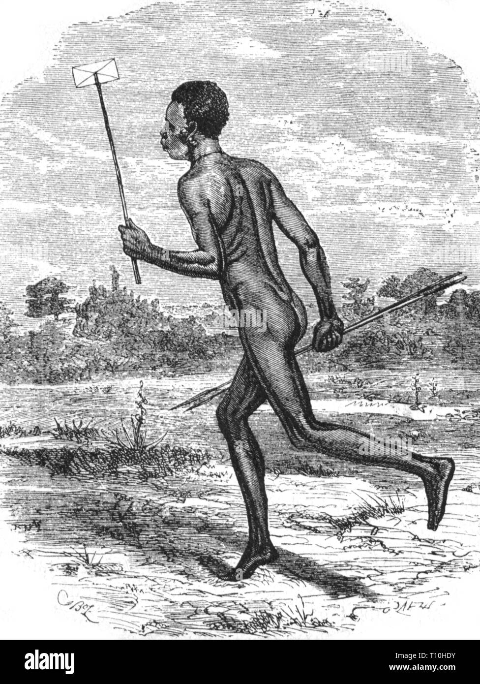 mail, postmen, running courier at the Loango Coast, congo, wood engraving, 2nd half 19th century, letter, letters, spear, spears, pole, poles, mail runner, Kingdom of Loango, Africa, people, man, men, Black African, Africans, Bakongo, Bantu, mail, post, postmen, mailmen, postman, mailman, messenger, intelligencer, couriers, messengers, intelligencers, by courier, historic, historical, Artist's Copyright has not to be cleared Stock Photo
