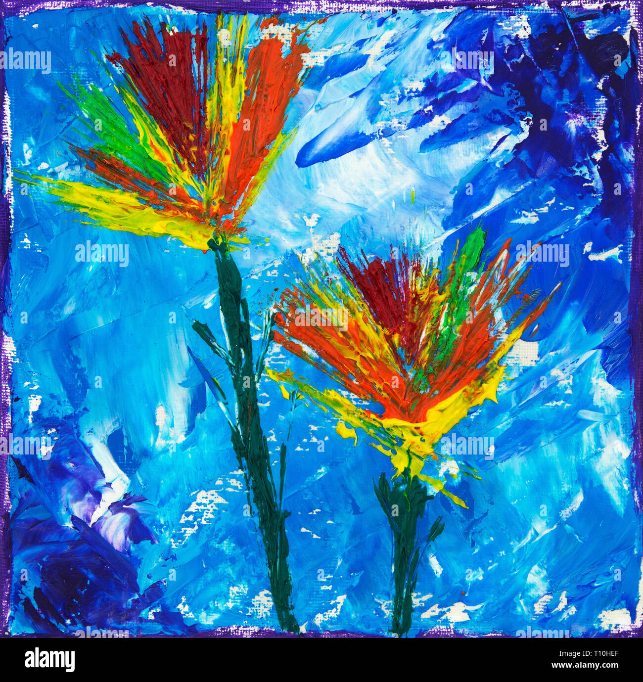Original oil painting on canvas showing colorful abstract flowers on ...