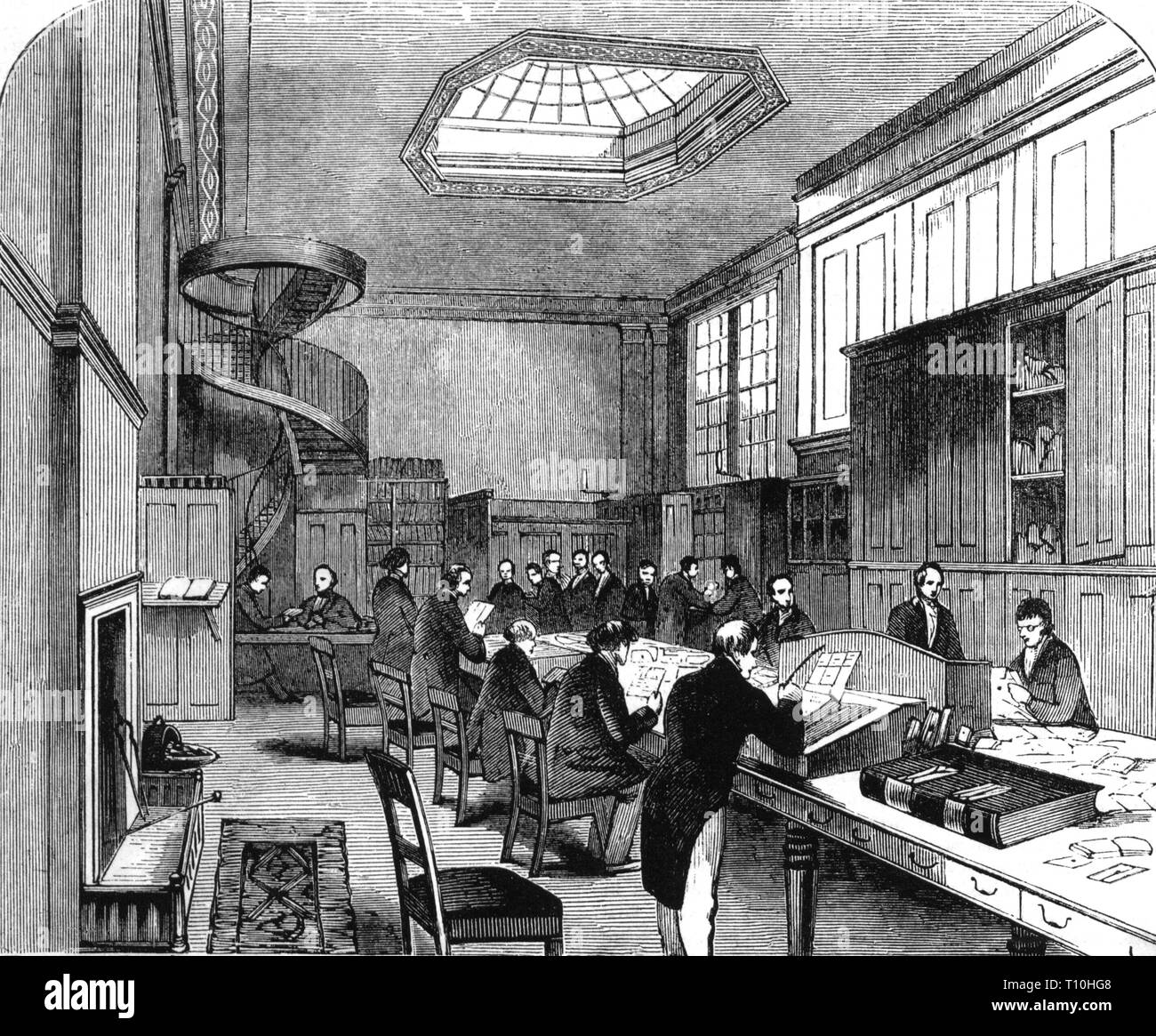 mail, post office, Black Chamber of the British Ministry for Foreign Affairs, Abchurch Lane, London, wood engraving, 1844, black cabinet, Cabinet Noir, mail censorship, censorship of letters, espionage, intelligence service, intelligence, Central Intelligence Agency, Security Service, MI-5, Defense Intelligence Agency, dissolve 1844, people, clerk, clerks, employees, officer, public employee, labour, labor, working, work, profession, professions, Great Britain, United Kingdom, Victorian era, 19th century, mail, post, post office, post offices, chamber,, Artist's Copyright has not to be cleared Stock Photo