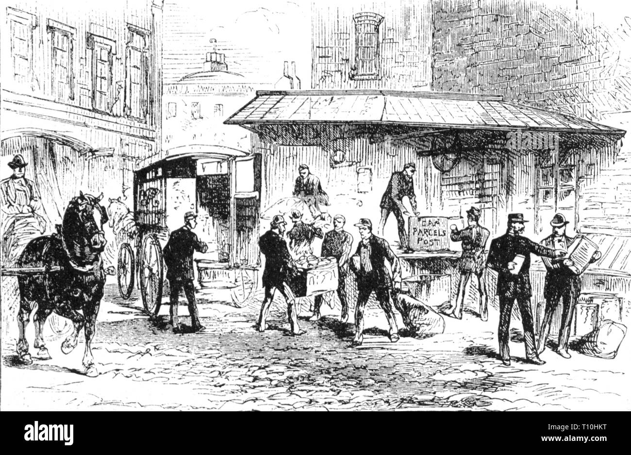 mail, post office, loading of parcels in a British city, wood engraving, 2nd half 19th century, Royal Mail, parcel, parcels, packet, packets, parcel post, transport, coach, carriage, coaches, carriages, load, upload, uploading, people, employees, officer, public employee, postal employee, service, services, labour, labor, working, work, profession, professions, men, man, everyday life, daily routine, Great Britain, United Kingdom, Victorian era, mail, post, post office, post offices, loading, lading, historic, historical, Artist's Copyright has not to be cleared Stock Photo