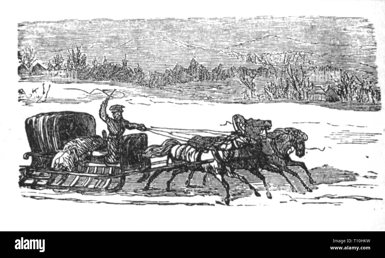 mail, postmen, Russian postman on a sleigh in Siberia, wood engraving, 2nd half 19th century, mail sledge, transport, winter, snow, horse, team, troika, troikas, chaise and three horses, people, man, men, Russia, Asia, Russian Empire, empire, empires, czardom, tsardom, mail, post, postman, mailman, postmen, mailmen, historic, historical, Artist's Copyright has not to be cleared Stock Photo
