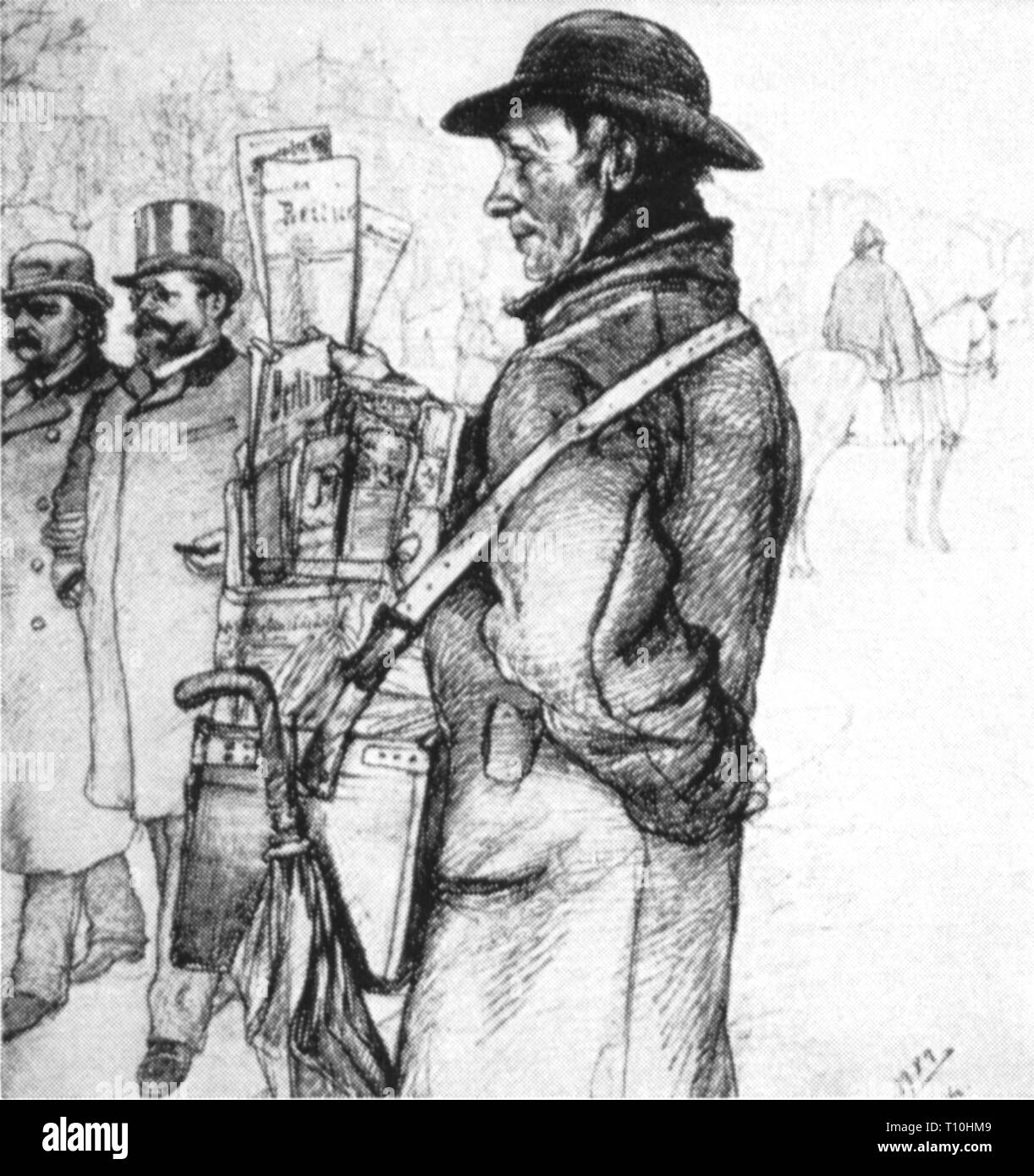 press / media, newsagent, newsman at Potsdamer Platz, Berlin, drawing by Christian Wilhelm Allers (1857 - 1915), 1889, Artist's Copyright has not to be cleared Stock Photo