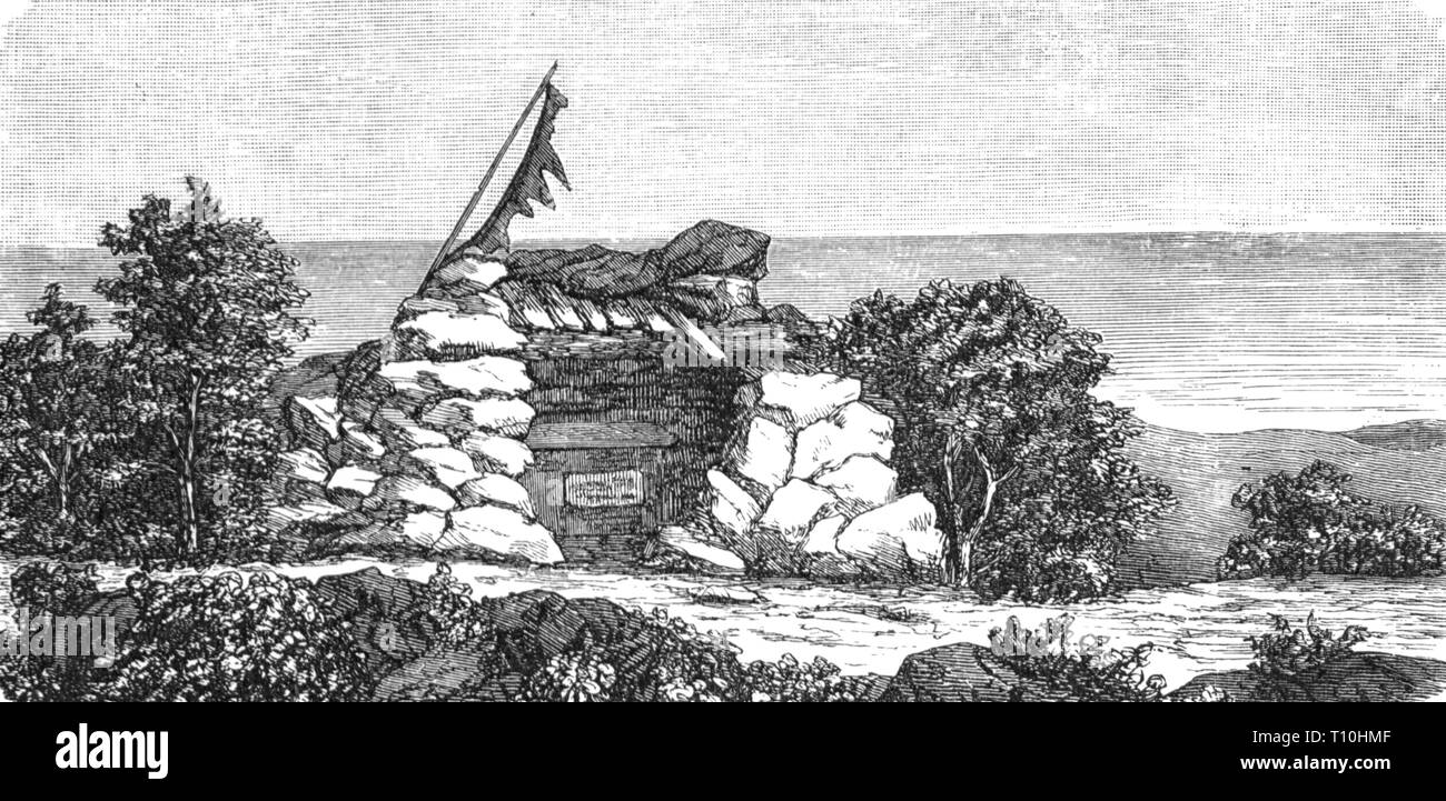 historic geography / travel, mail, post office, post office on Booby Island, Queensland, Australia, wood engraving, later 19th century, hut, huts, stone cottage, isle, islands, sea, seas, Torres Strait, Pacific, Pacific Ocean, , British colony, colonialism, British Empire, Great Britain, Victorian era, mail, post, post office, post offices, historic, historical, Artist's Copyright has not to be cleared Stock Photo
