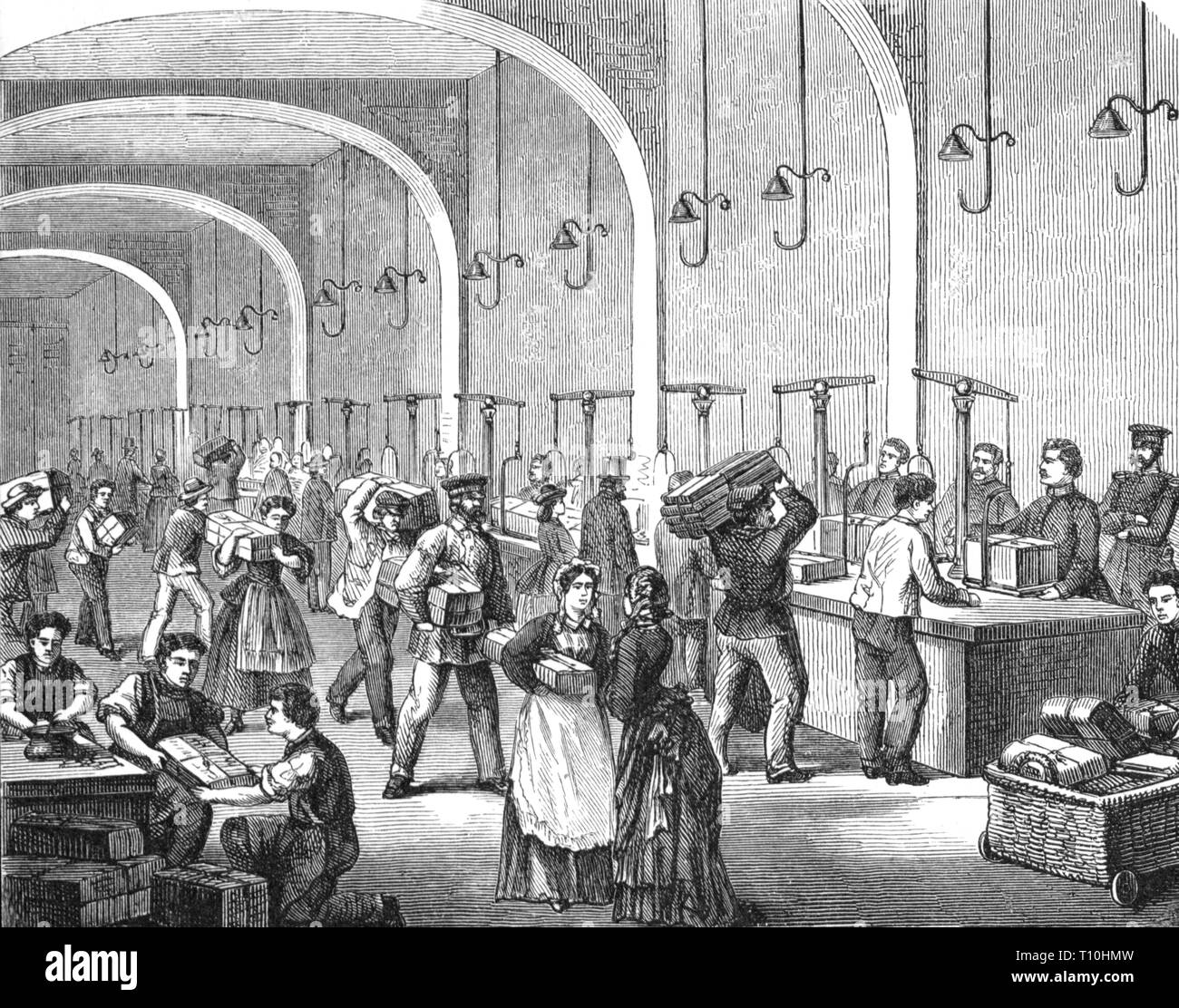 geography / travel historic, mail, post offices, court post office in Berlin, interior view, parcel counter, wood engraving, later 19th century, parcel post, packet, packets, parcel, parcels, receipt, transport of goods, freight traffic, freight transportation, international road haulage, shift freight traffic from road rail, goods traffic, free movement of goods, cross-border trade, haul, transportation of goods, goods, transport, accept, accepting, people, everyday life, daily routine, profession, professions, post office clerk, postal work, postal c, Artist's Copyright has not to be cleared Stock Photo