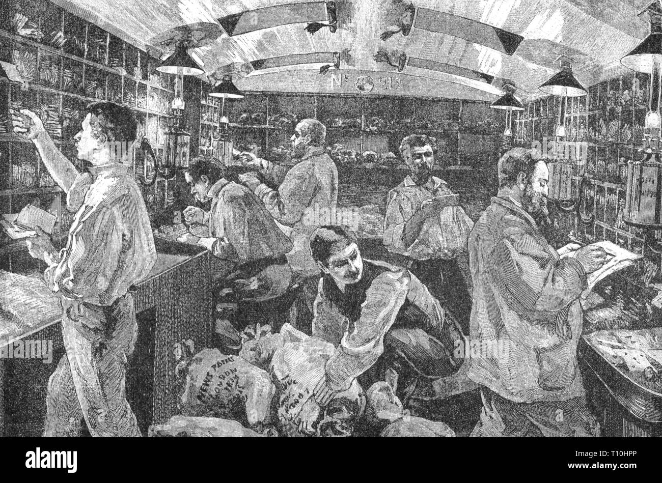 mail, railway, post office a British railroad company in a wagon, interior view, wood engraving, later 19th century, Travelling Post Office, railway wagon, railway carriage, railway carriages, transport, letter, letters, sorting, sort, assort, assorting, at the office, labour, labor, working, work, people, everyday life, daily routine, profession, professions, employees, officer, public employee, men, man, Great Britain, United Kingdom, Victorian era, mail, post, railway, railroad, railways, railroads, post office, post offices, railroad company, railw, Artist's Copyright has not to be cleared Stock Photo