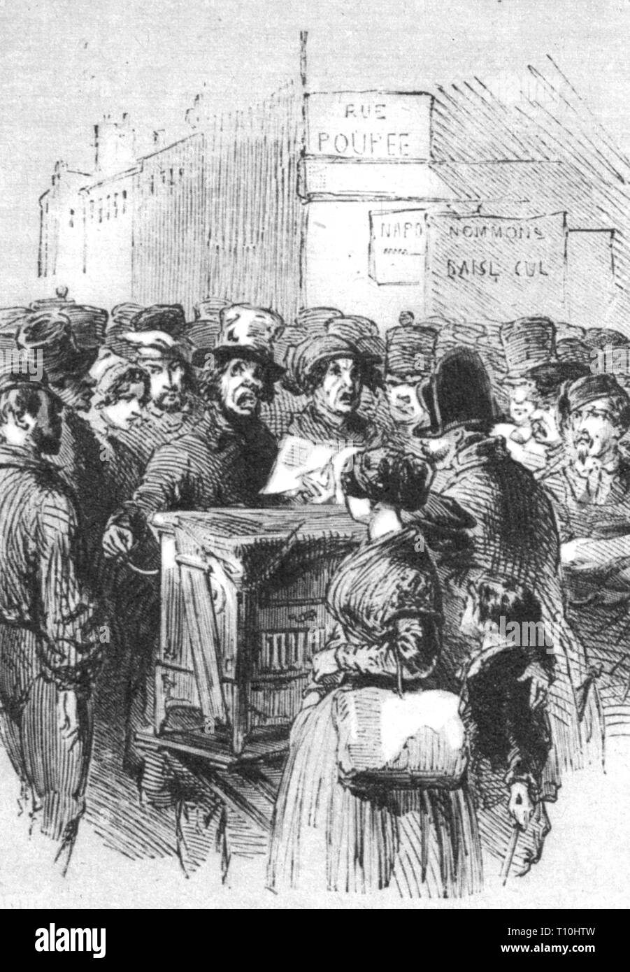 music, musician, busker in Paris, lithograph, 1848, Artist's Copyright has not to be cleared Stock Photo