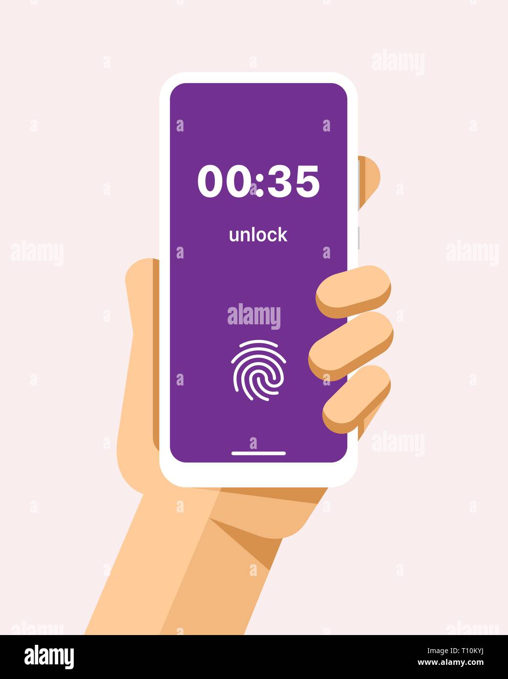 Hand holds the smartphone with fingerprint unlock on the lock screen. Flat vector modern phone mock-up illustration Stock Vector