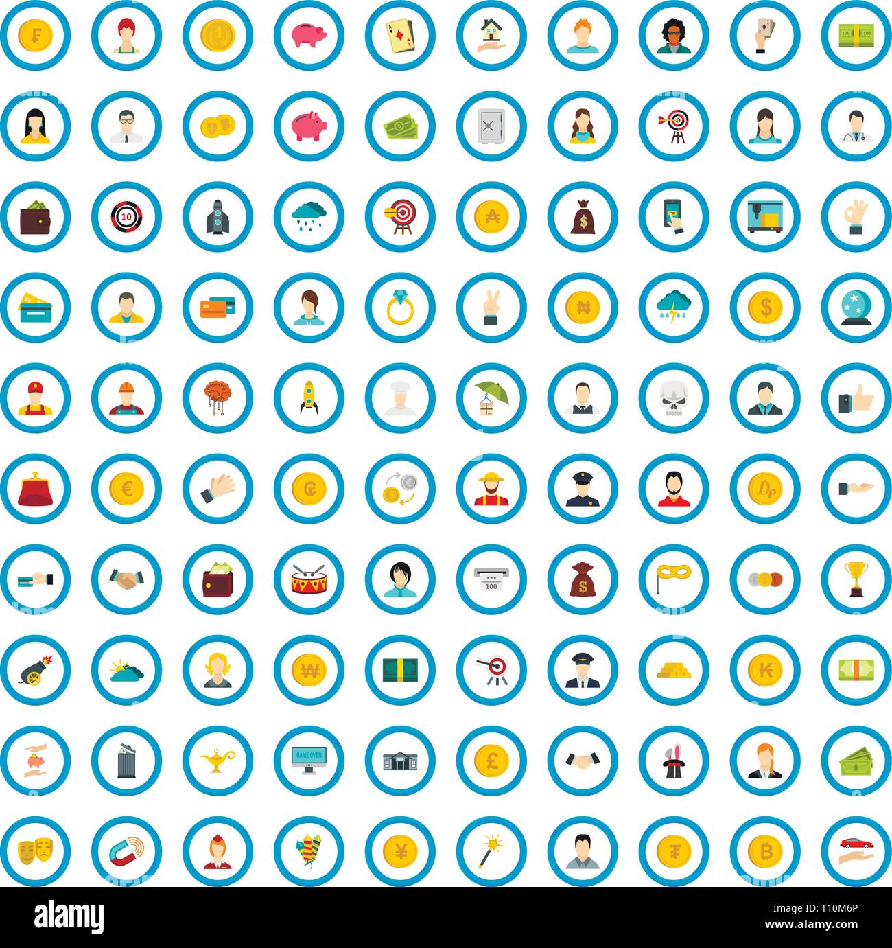 100 lottery icons set, flat style Stock Vector