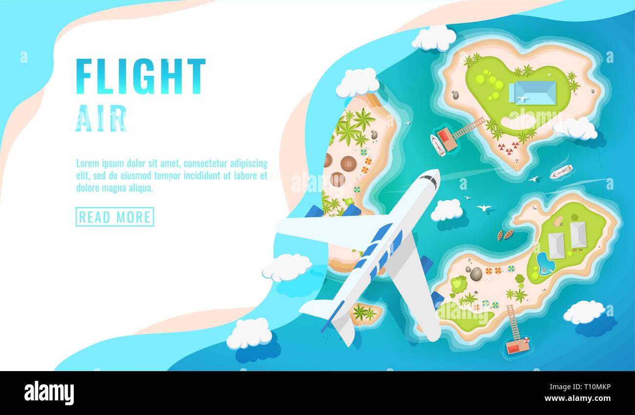 Landing page design, banner with airplane flying over tropical island, top view., passenger aircraft, plane, tourism concept, vector Stock Vector