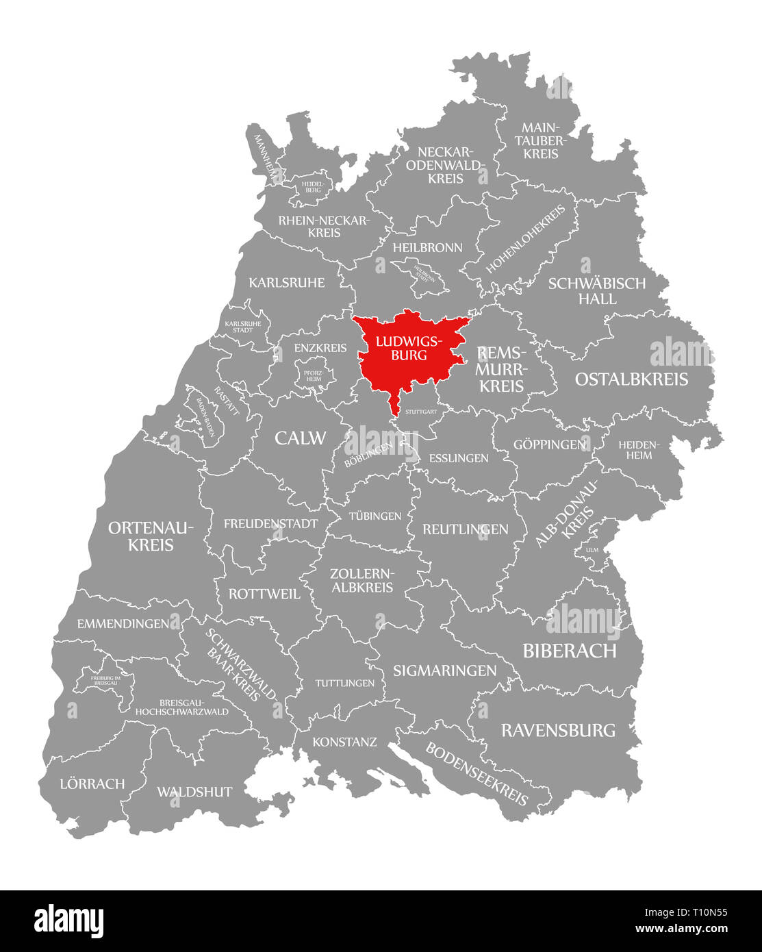Ludwigsburg county red highlighted in map of Baden Wuerttemberg Germany  Stock Photo - Alamy