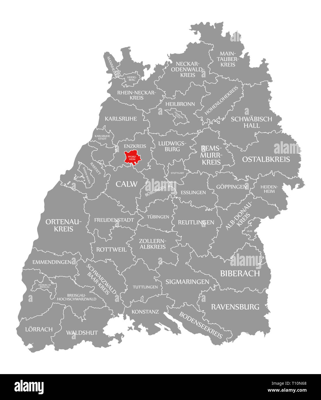Pforzheim county red highlighted in map of Baden Wuerttemberg Germany Stock Photo
