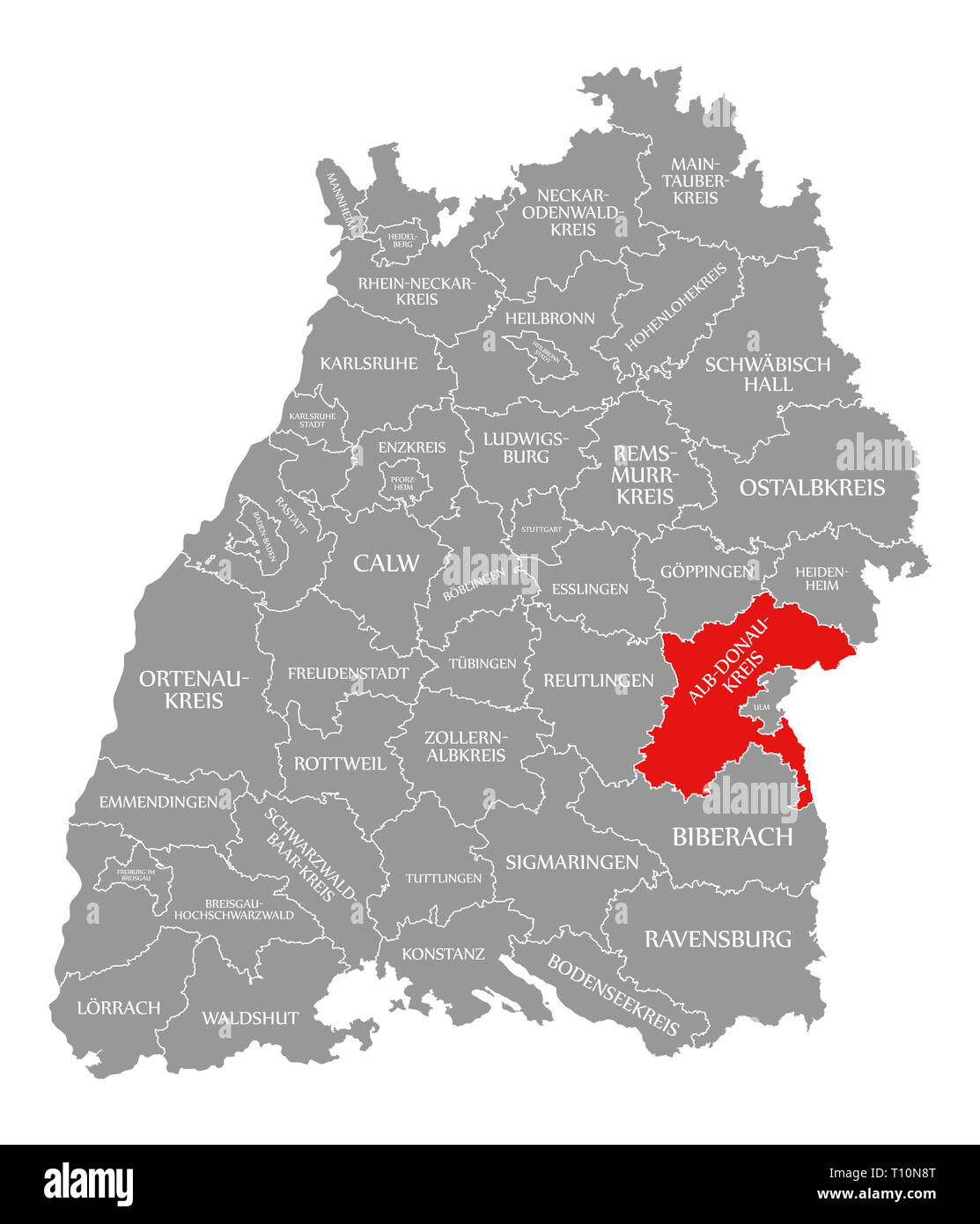 Alb-Donau-Kreis county red highlighted in map of Baden Wuerttemberg Germany Stock Photo