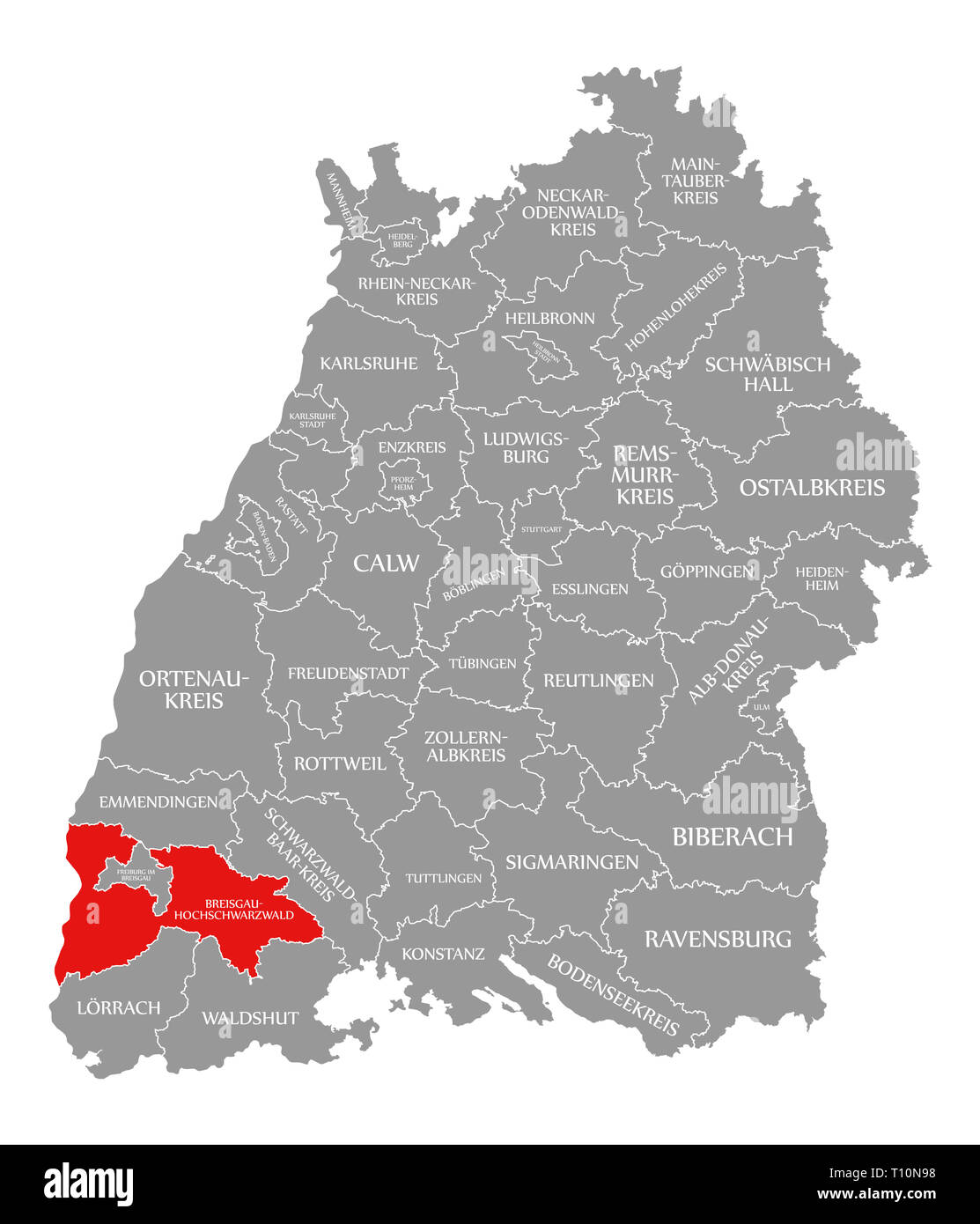 Breisgau-Hochschwarzwald county red highlighted in map of Baden Wuerttemberg Germany Stock Photo