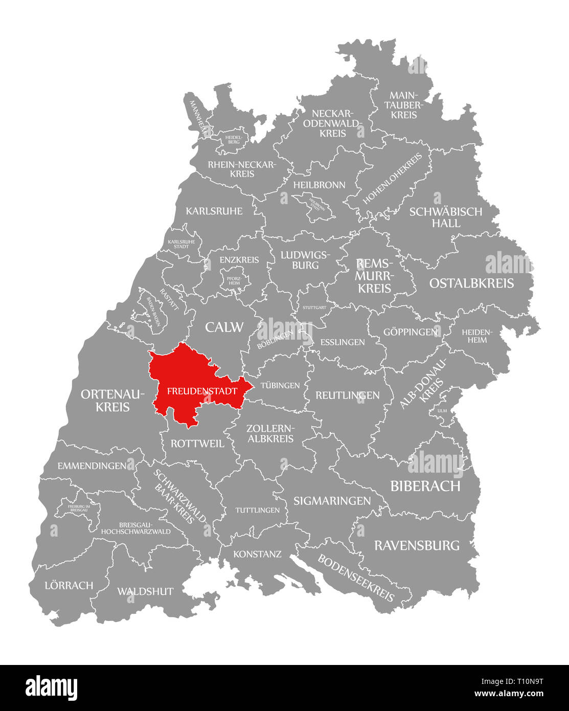 Freudenstadt county red highlighted in map of Baden Wuerttemberg