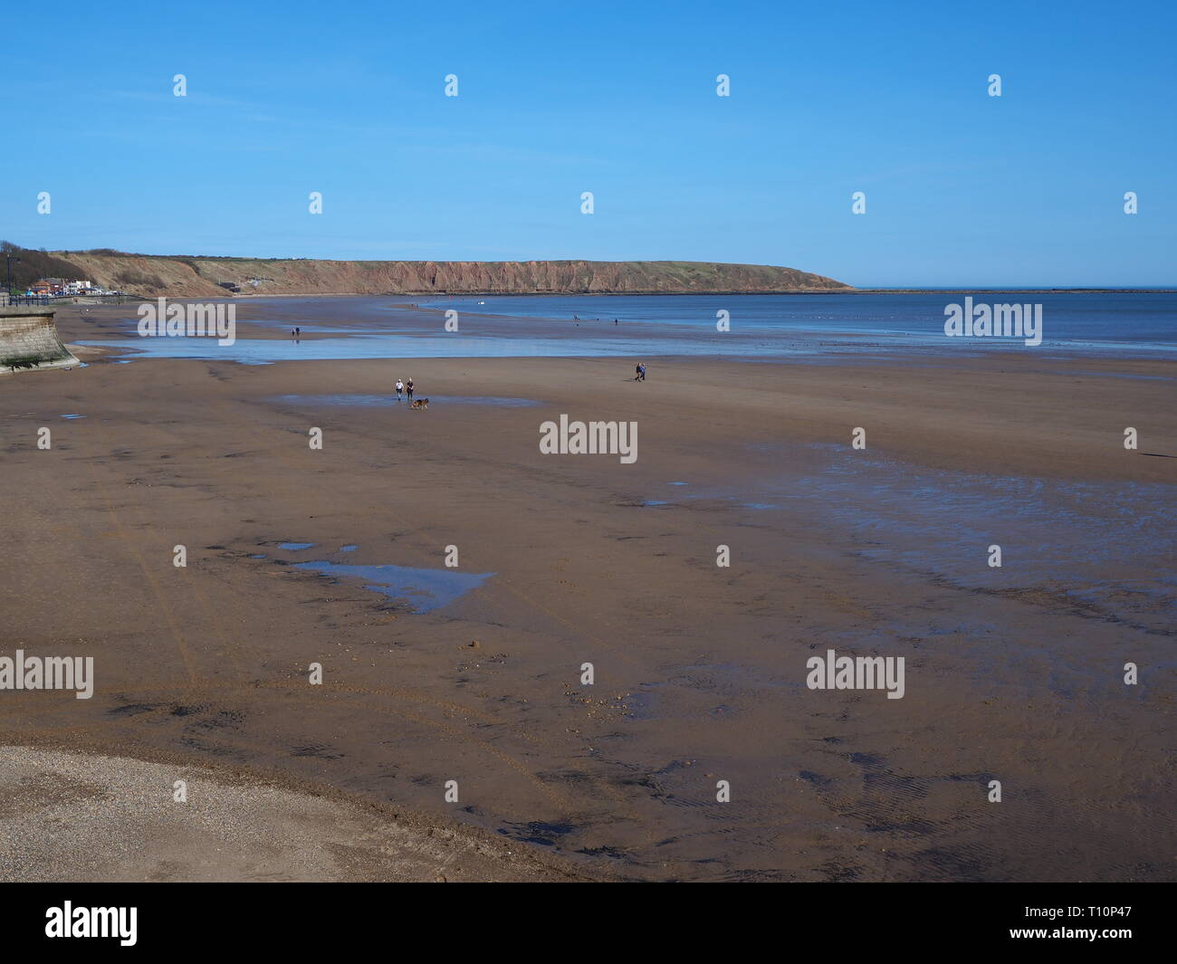 View over Filey beach to Filey Brigg at low tide, North Yorkshire, England Stock Photo