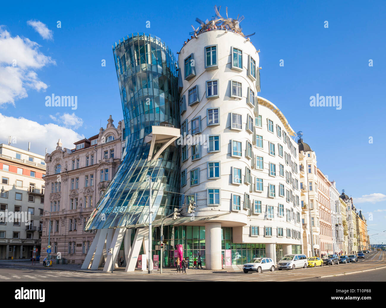 Front face of the Tančící dům or Dancing house PRAGUE known as the fred and ginger house Prague CZECH REPLUBLIC EU EUROPE Stock Photo