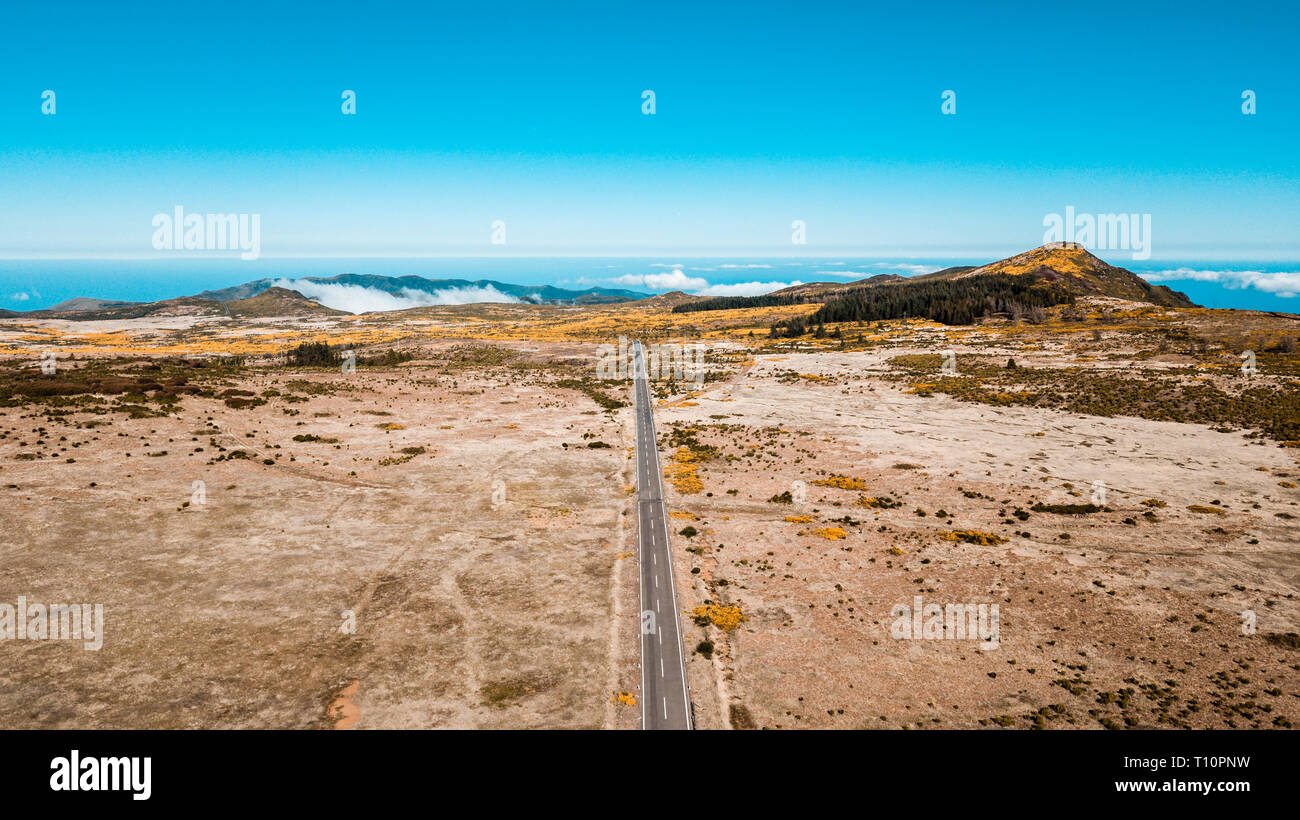 The longest straight road in 'Paul da Serra', Madeira island, Portugal, on a sunny day Stock Photo