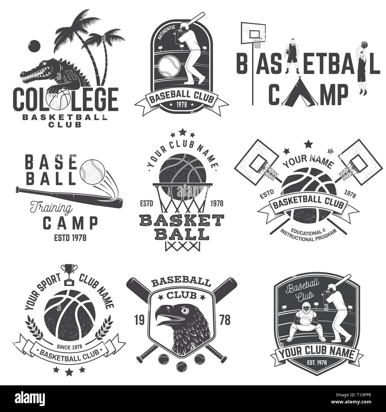 Set of basketball and baseball badge, emblem or sign. Vector. Concept for shirt, print, stamp, apparel or tee. Vintage design with basketball player, baseball player and sport equipments silhouette. Stock Vector