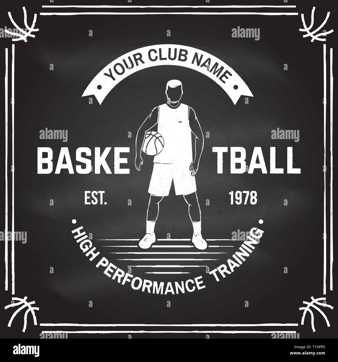 Basketball club badge on the chalkboard. Vector illustration. Concept for shirt, print, stamp or tee. Vintage typography design with basketball player and basketball ball silhouette Stock Vector