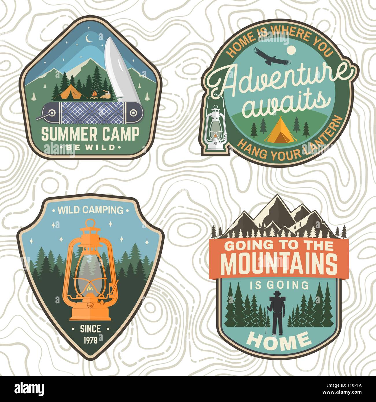 Set of Summer camp patches. Vector. Concept for shirt, print, stamp, apparel or tee. Vintage design with lantern, pocket knife, campin tent, axe, mountain, campfire and forest silhouette Stock Vector