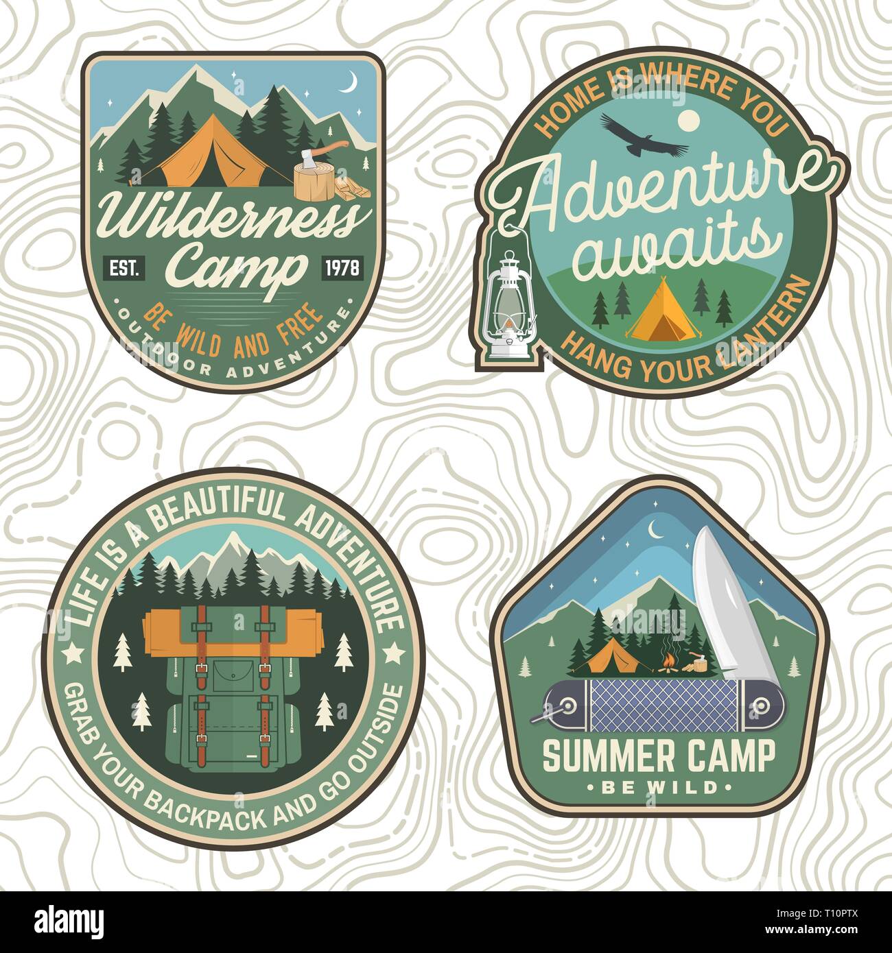 Set of Summer camp patches. Vector. Concept for shirt, print, stamp, apparel or tee. Vintage design with lantern, pocket knife, campin tent, axe, mountain, campfire and forest silhouette Stock Vector