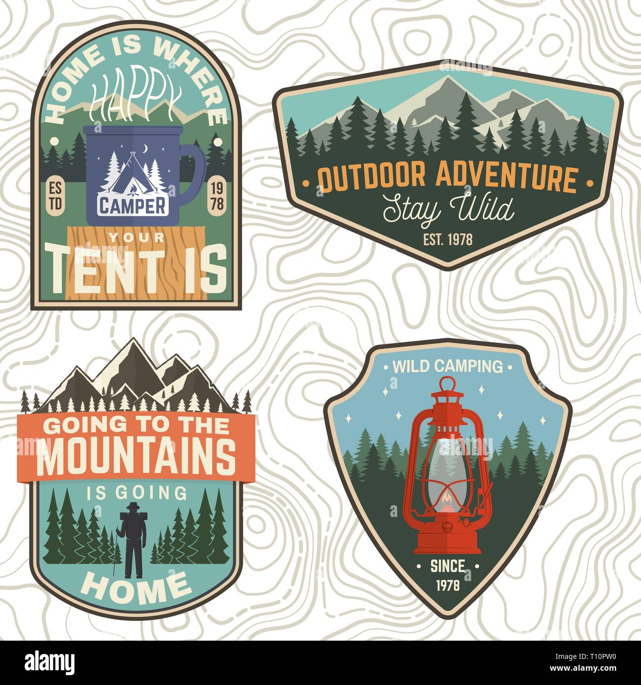 Set of Summer camp patches. Vector. Concept for shirt, print, stamp, apparel or tee. Vintage design with lantern, pocket knife, campin tent, axe, mountain, campfire and forest silhouette Stock Vector