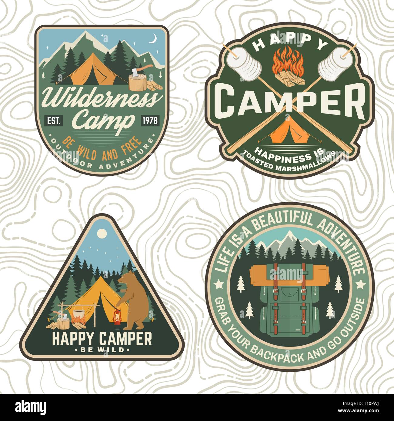 Set of Summer camp patches. Vector. Concept for shirt, print, stamp, apparel or tee. Vintage design with lantern, marshmallow, campin tent, axe, mountain, campfire and forest silhouette Stock Vector