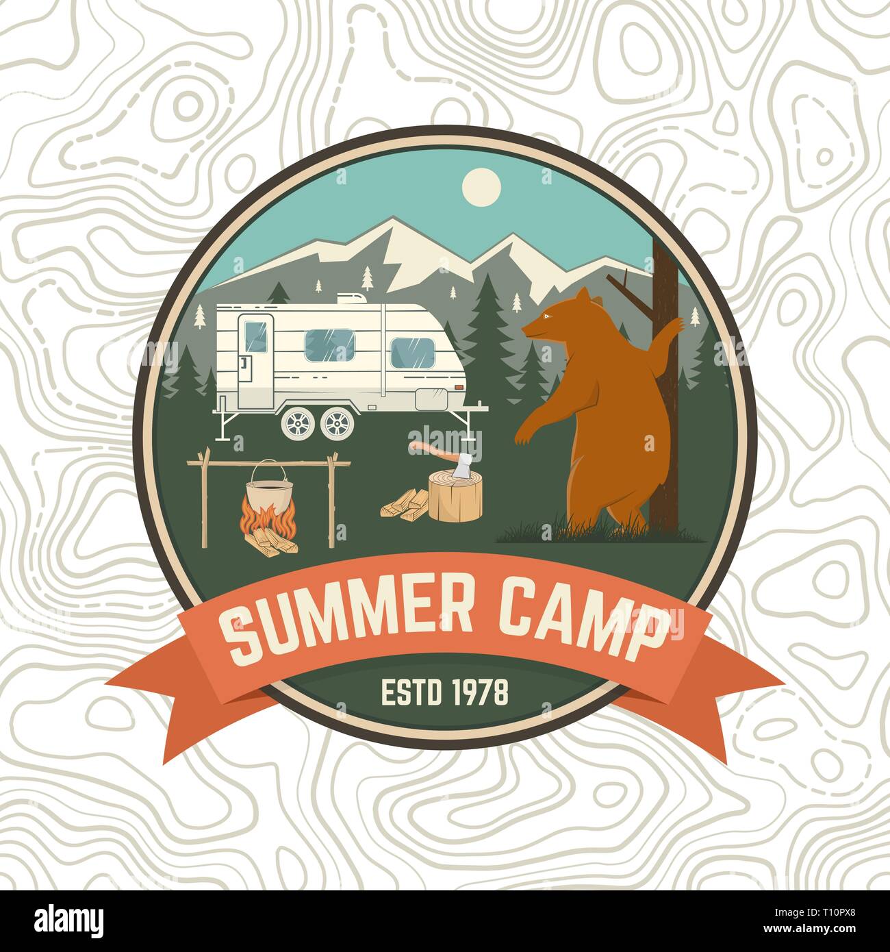 Summer camp patch. Vector illustration. Concept for shirt or logo, print, stamp, apparel or tee. Vintage typography design with camping trailer, bear, campfire and forest silhouette. Stock Vector