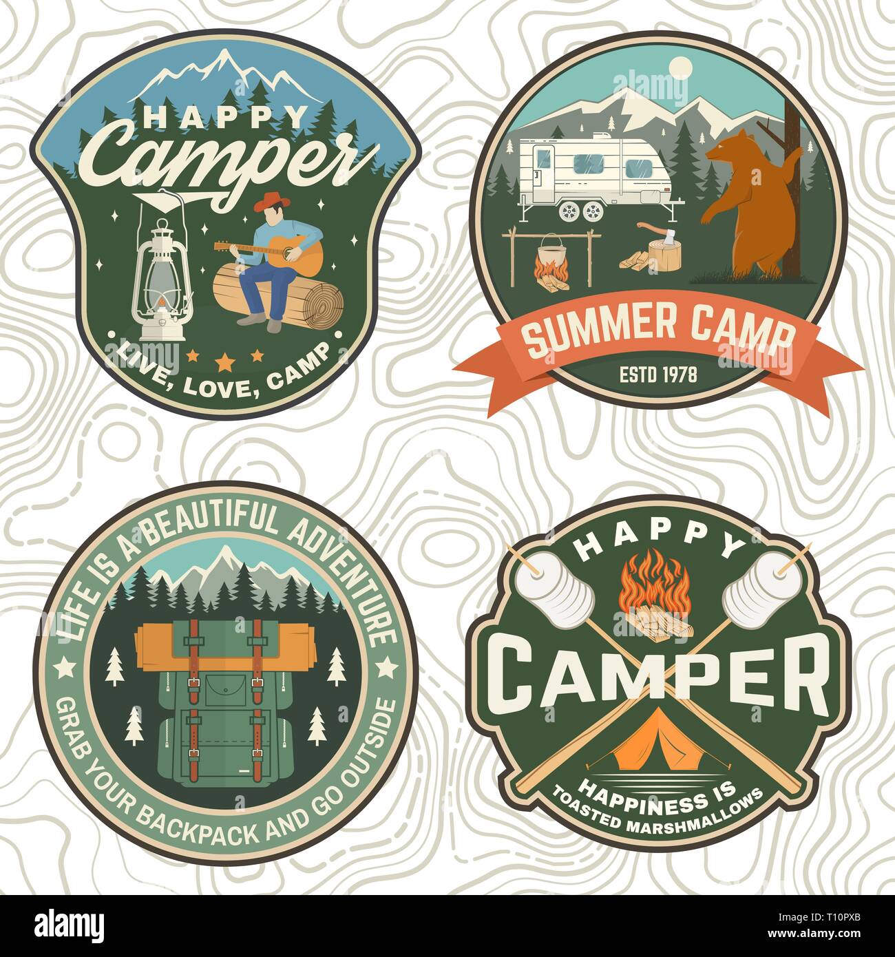 Set of Summer camp patches. Vector. Concept for shirt, print, stamp, apparel or tee. Vintage design with lantern, marshmallow, campin tent, axe, mountain, campfire and forest silhouette Stock Vector