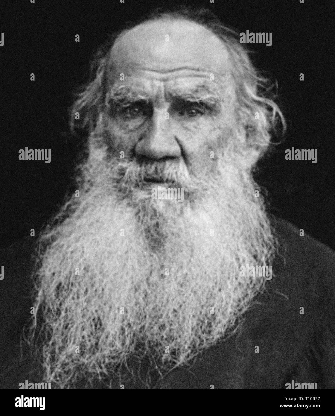 Count Lev Nikolayevich Tolstoy, usually referred to in English as Leo Tolstoy was a Russian writer who is regarded as one of the greatest authors of all time. Scanned from image material in the archives of Press Portrait Service - (formerly Press Portrait Bureau). Stock Photo