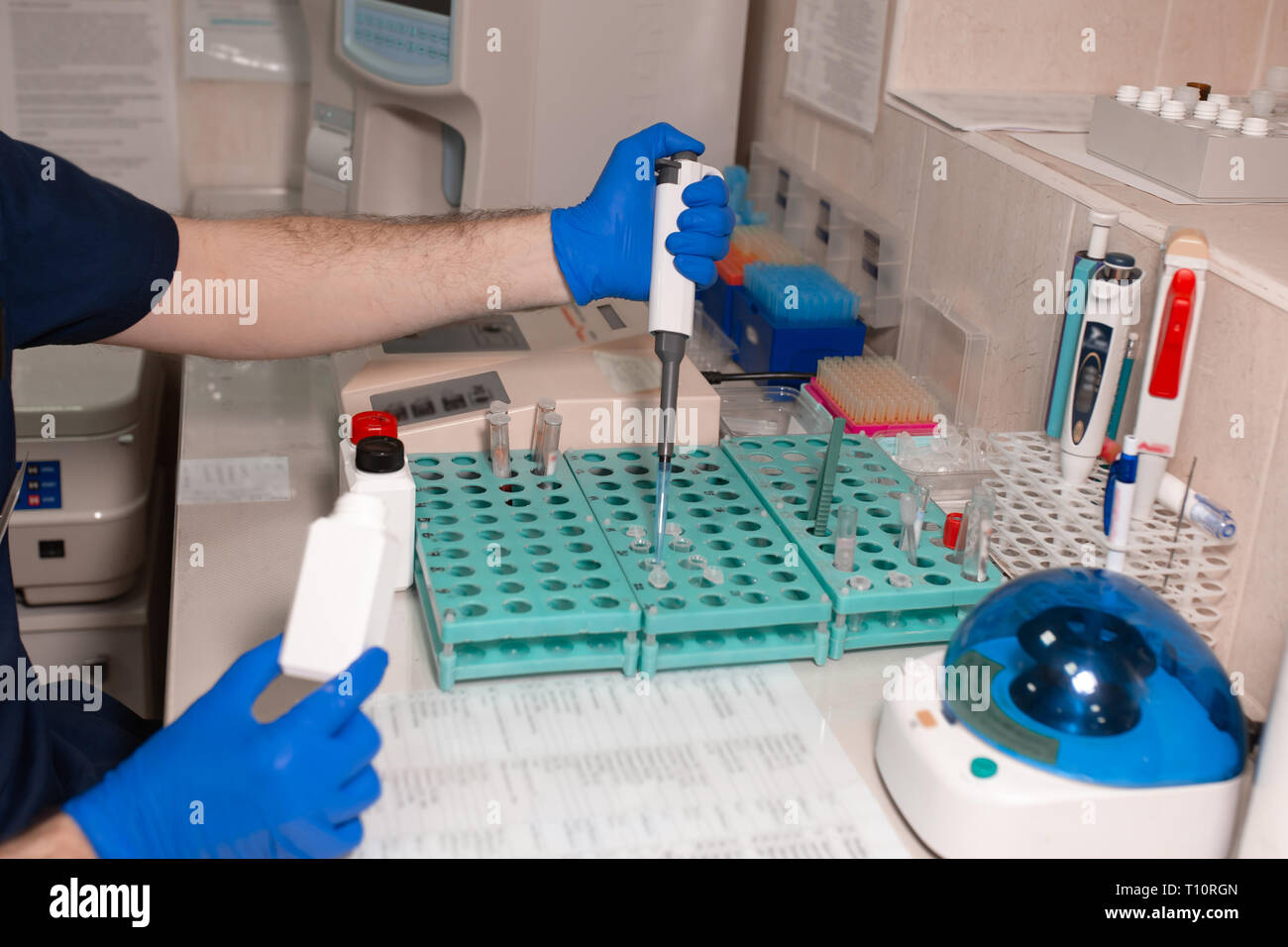 laboratory assistant analyzing a blood sample using micropipette Stock
