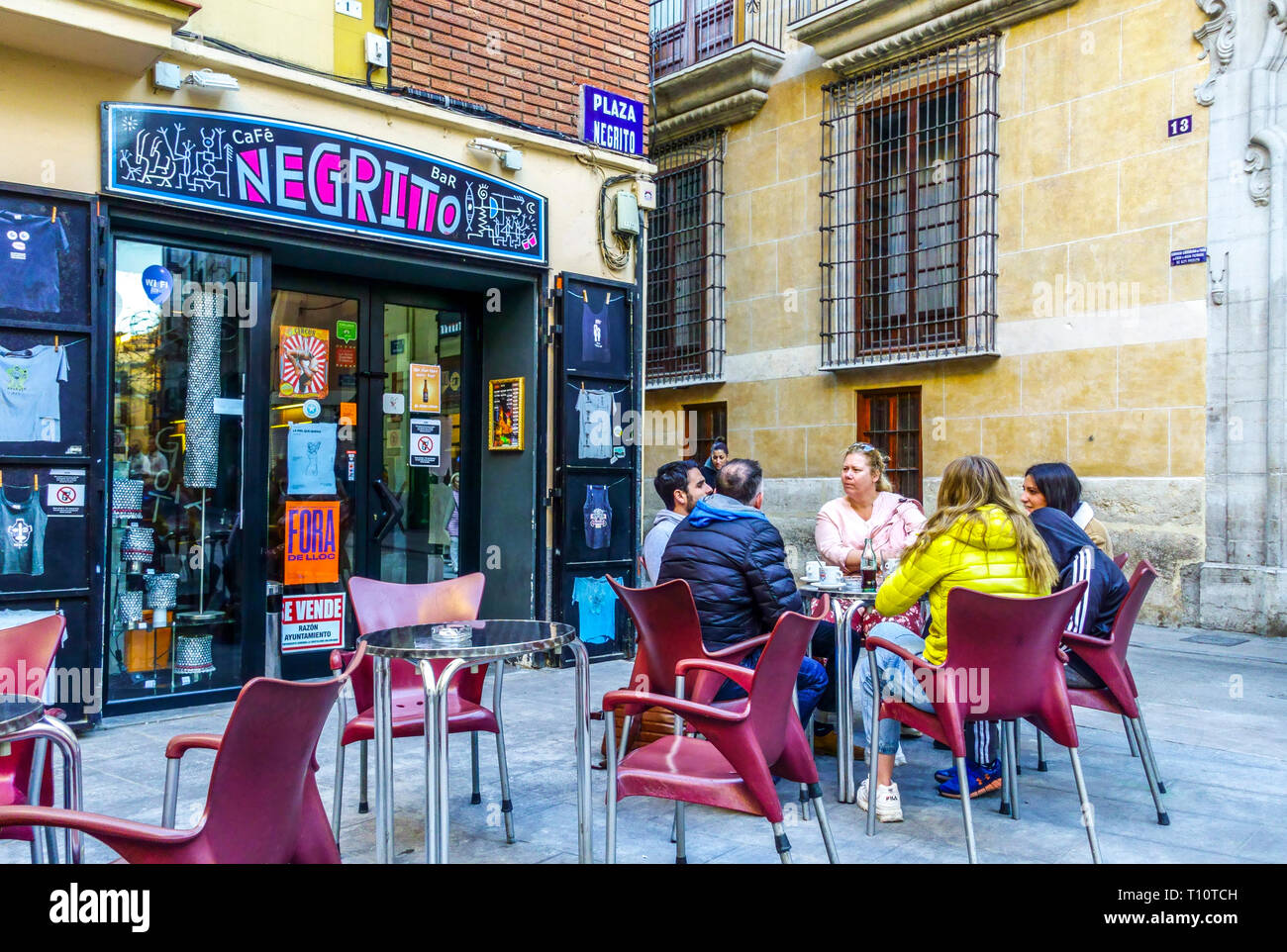 Valencia Old Town Spain Bar Cafe Negrito, People sitting outside bar  tourists on the sidewalk, street Valencia Spain Stock Photo