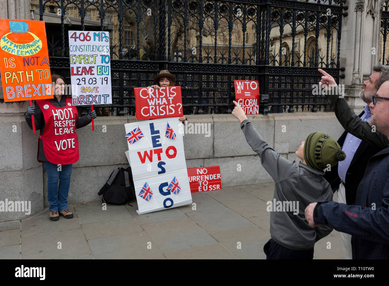 As Prime Minister Theresa May petitions European leaders in Brussels, this time to persuade the European Council to accept a delay of the UK's Brexit Article 50, Brexiteers protest outside parliament in Westminster, on 21st March 2019, in London, England. Stock Photo