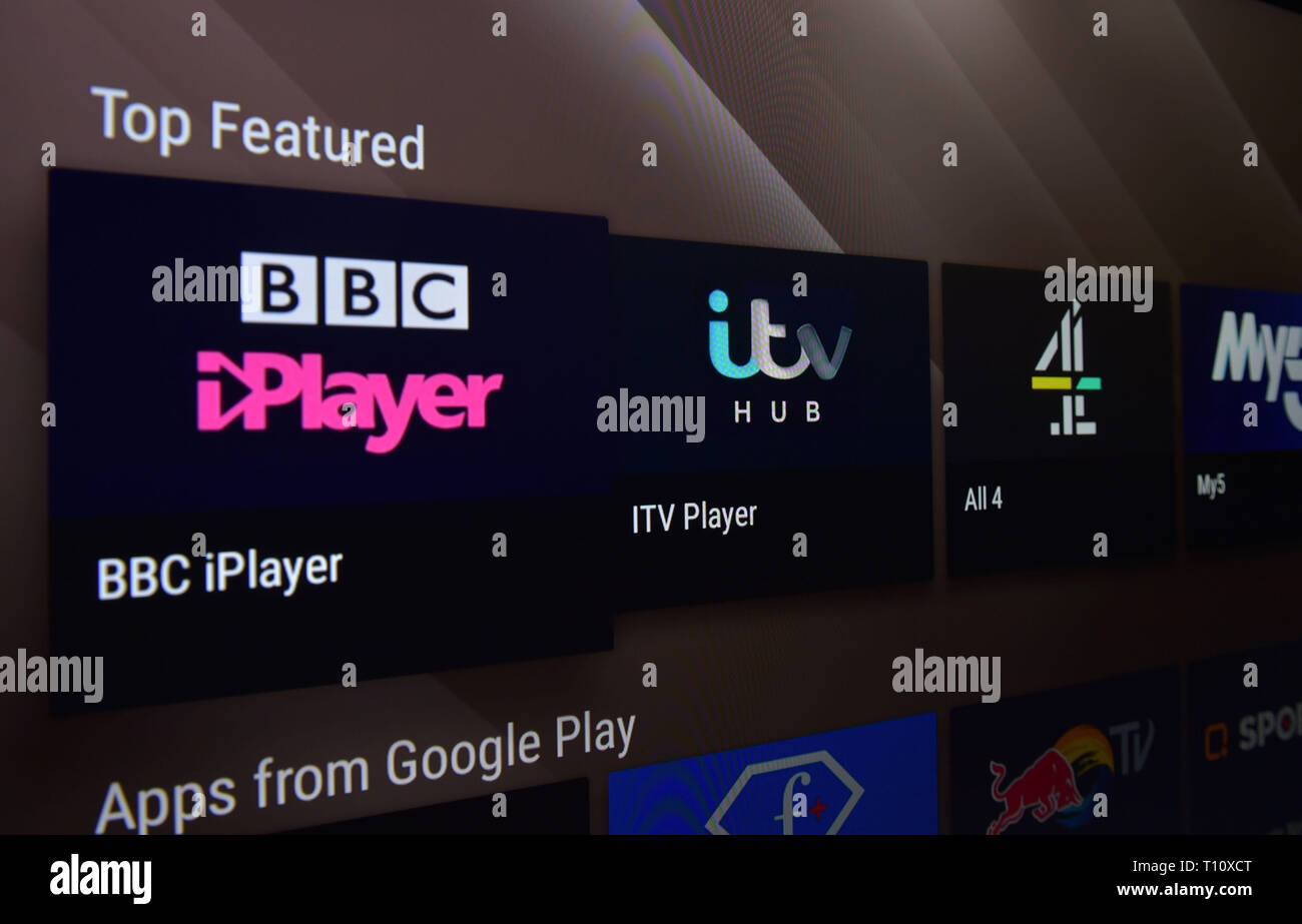 Stock Photo Of Tv Programme Viewing Apps Bbc Iplayer Itv Hub Itv Player All 4 And My5 Available On A Smart Television Stock Photo Alamy