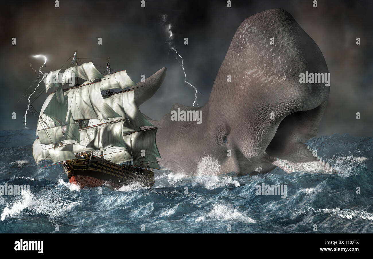 A giant sperm whale chases a ship through stormy seas. It's time for the ocean's revenge on the sailors who hunted too many of the marine mammals. Stock Photo