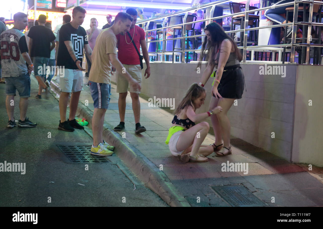 Tourists enjoy nightlife in Punta Ballena street in Magaluf Mallorca Stock Photo