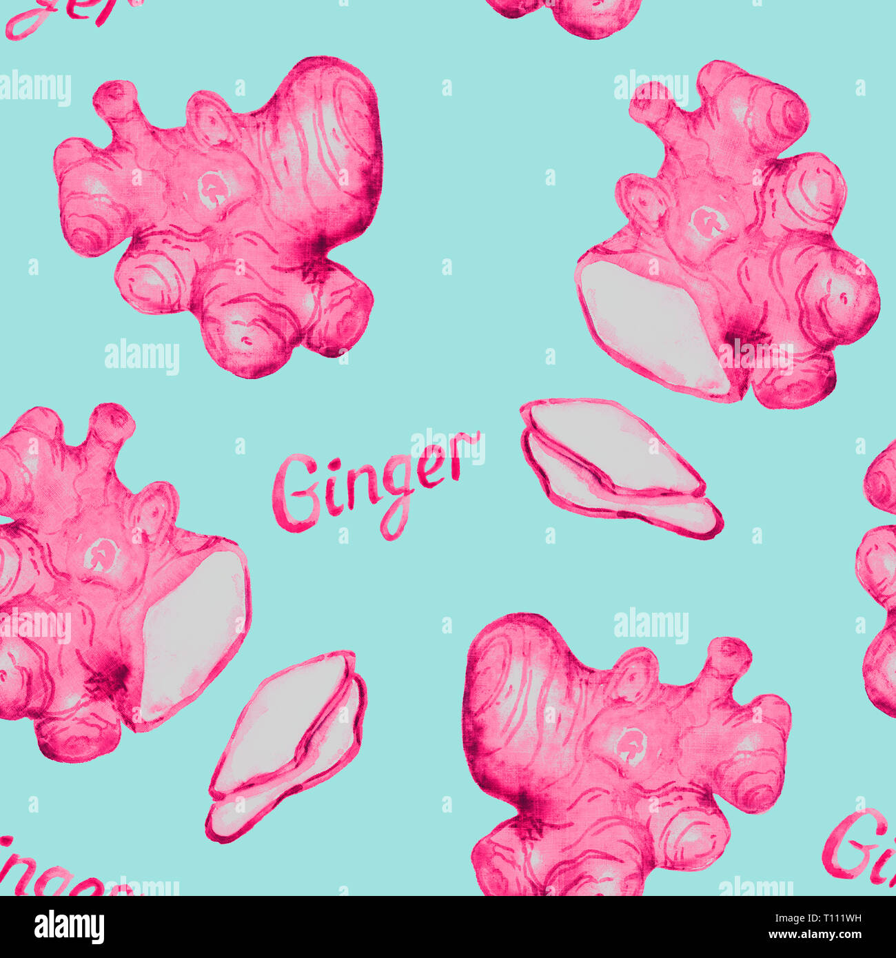 Pink color palette ginger root and cut slice with inscription, seamless