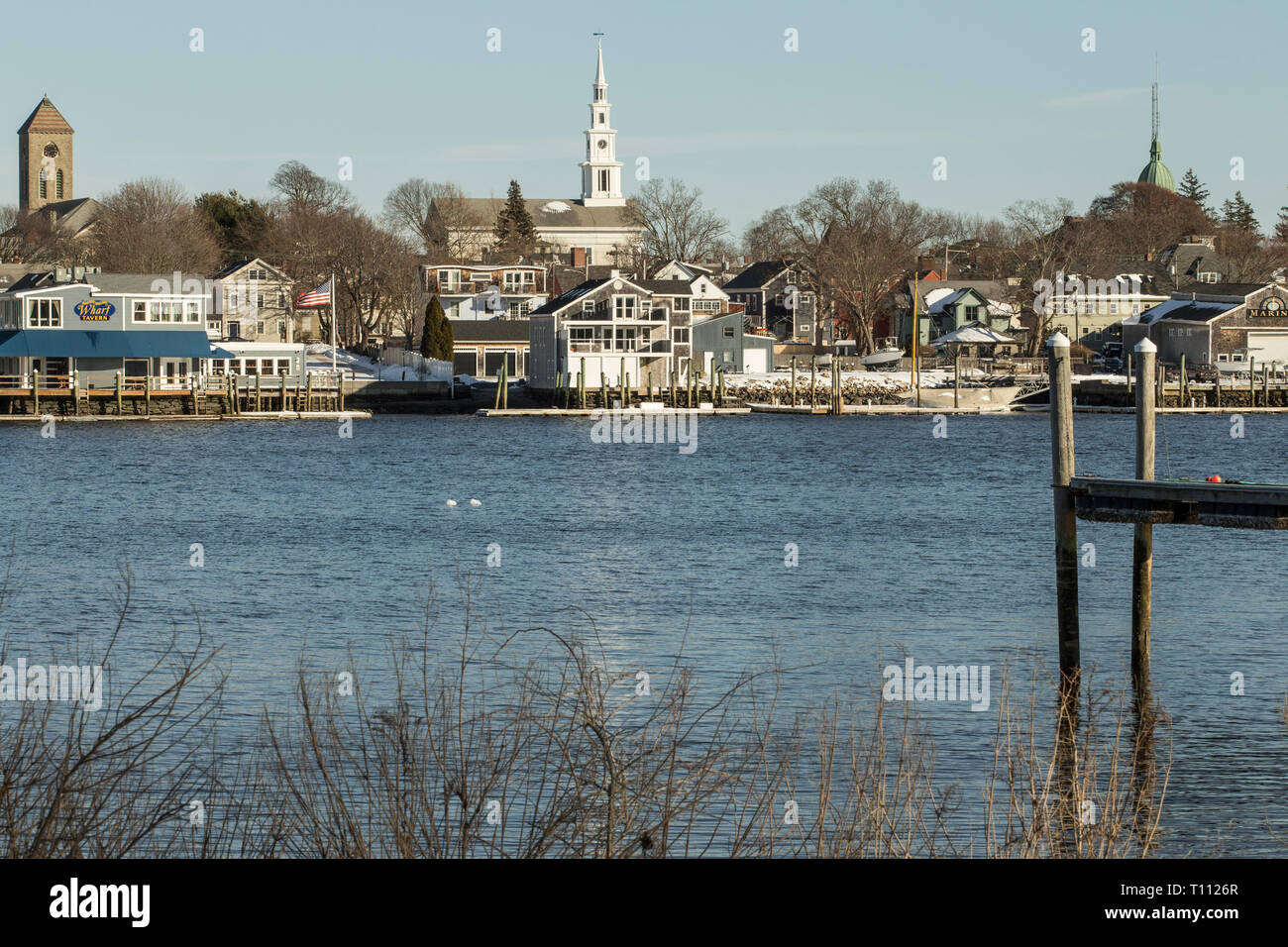 View of Warren, RI from Barrington, RI. Small coastal town known for their retail shops and pretty coastline. Over the bridge from Barrington, RI. Stock Photo