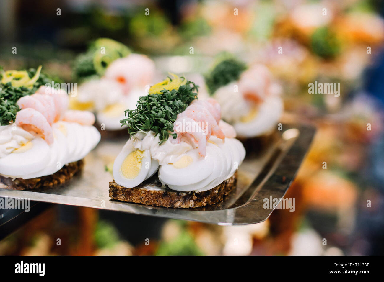 Traditional, Danish open faced sandwiches at a market in Copenhagen