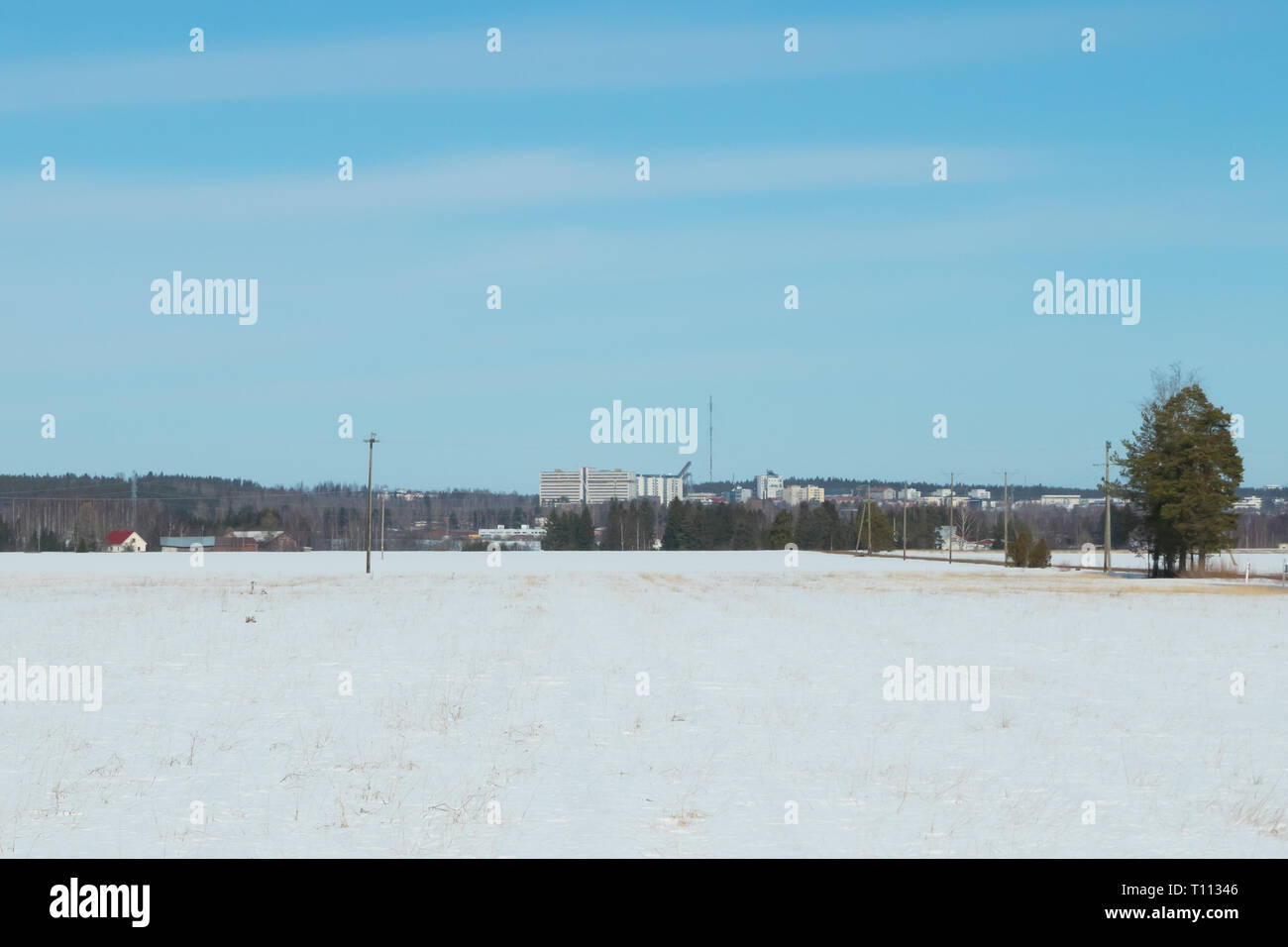 Beautiful view of fields and city Kouvola at spring day Stock Photo