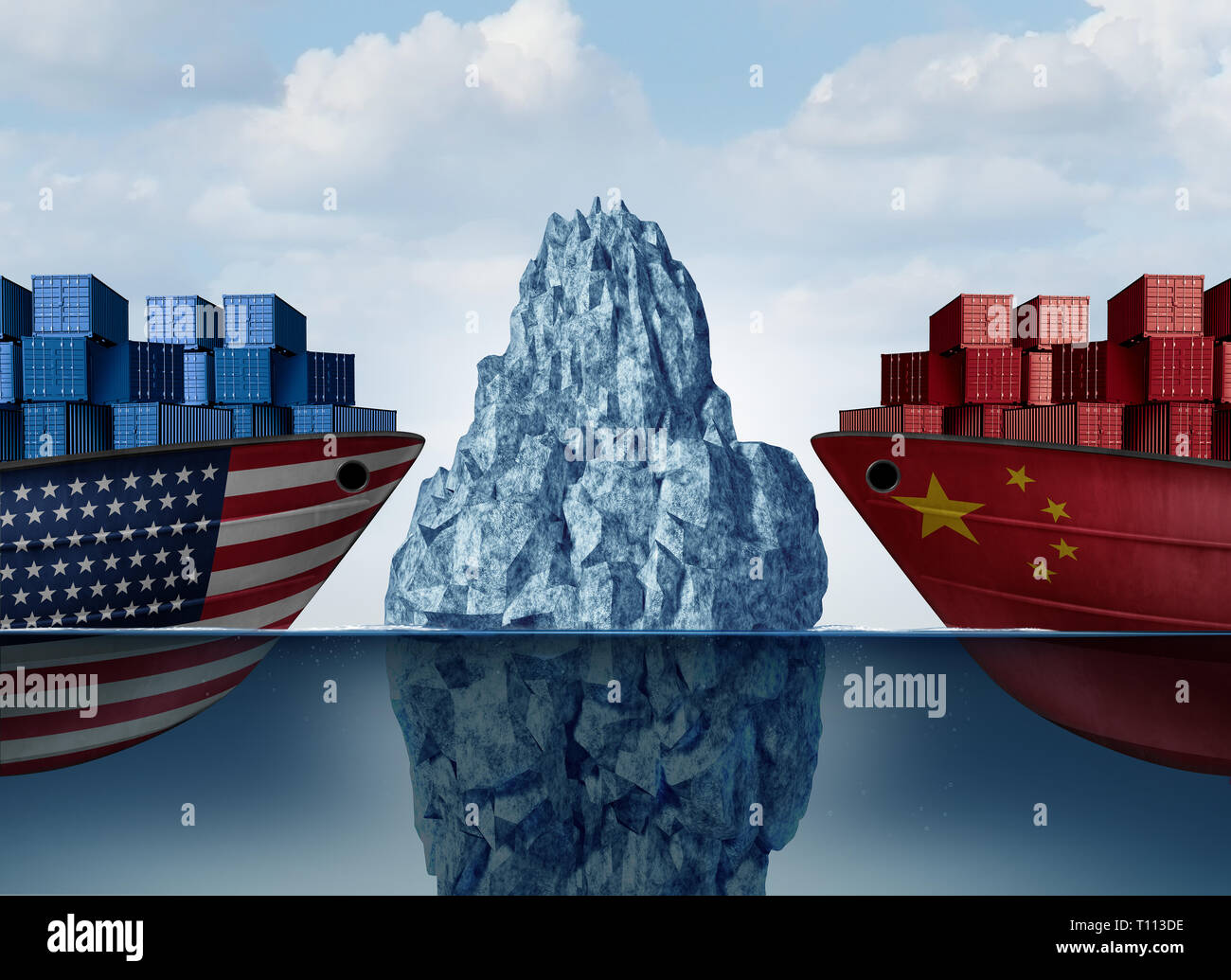 China United States trade danger and American tariffs economic fear as two opposing cargo ships facing a hazardous iceberg as an economic  taxation. Stock Photo