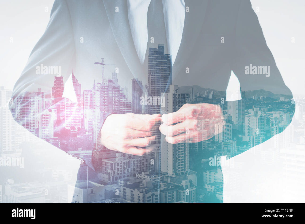 double exposure of businessman wearing suit with city skyline ...