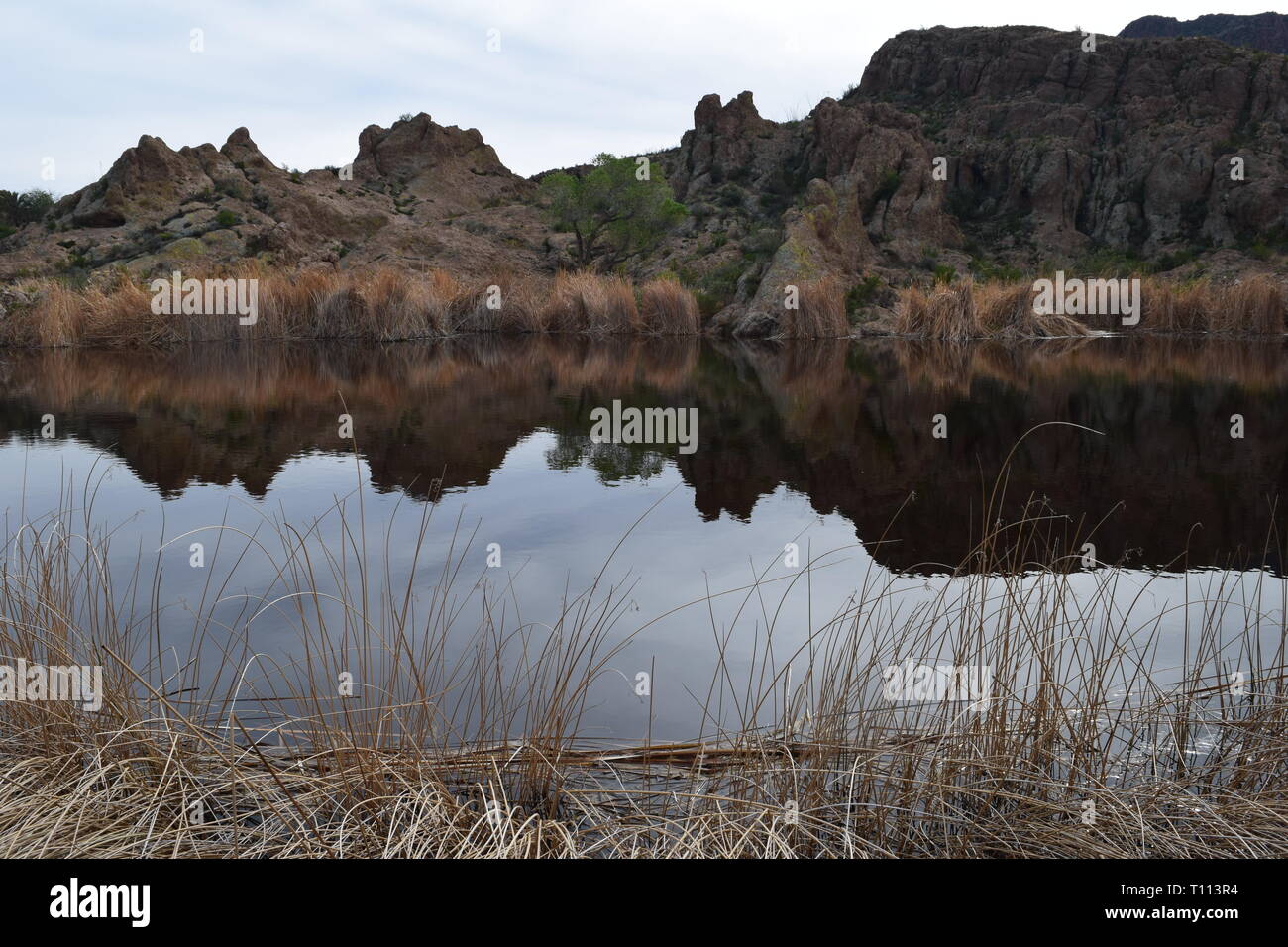 Bold rock face reflected in a small lake in Arizona Stock Photo